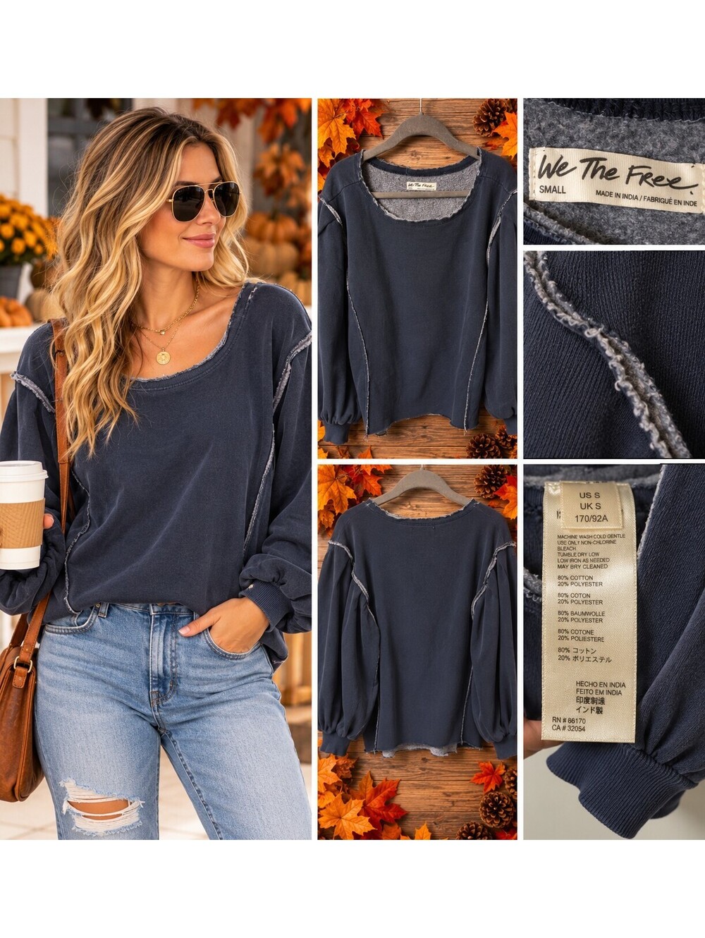 Free People We The Free Oversized Raw Seam Sweatshirt Navy Blue Small